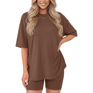 Ensemble 2 pièces noir pour femme, haut ample à col rond et manches courtes avec short au-dessus du genou, en coton tricoté, décontracté, pour le printemps et l'été - Product Image 6