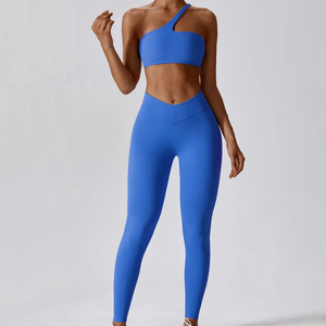 Women Yoga Set One Shoulder Sports <b>Bra</b> High Waist Full Length Leggings Seamless Solid <b>Blue</b> 2 Piece Fitness Wear - Product Image 3