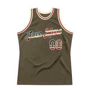 Auténtica Camiseta de Baloncesto Color Crema con Bandera de EE. UU. Vintage Personalizada en Verde Oliva, 100% Poliéster Transpirable, Homenaje al Servicio - Product Image 3