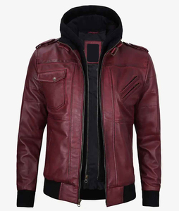 Custom Men Maroon Leather Hooded <b>Jacket</b> <b>Fleece</b> <b>Lined</b> Biker <b>Jacket</b> Multi Pocket Casual Winter Streetwear Style For Unisex - Product Image 3