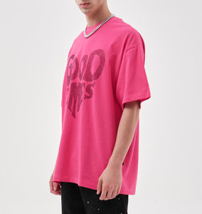 T-shirt personnalisé avec logo imprimé, col rond décontracté, couleur rose bonbon, 220g, tricoté, 100% coton, tissu écologique, strass, streetwear - Product Image 4