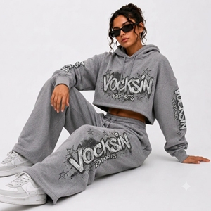 VOCKSIN EXPORTS Women's <b>Grey</b> Cropped <b>Hoodie</b> Wide Leg Fleece Sweatpants Set Printed Cotton High Street Style Regular Fit Winter - Product Image 2