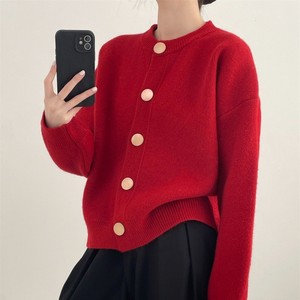Cardigan en tricot minimaliste à col rond avec gros boutons – Veste d'hiver à manches longues, coupe ample, couleur unie pour femme - Product Image 1