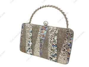 indian handmade Luxury Mother Of Pearl Silver <b>Clutch</b> With Handcrafted Metal Texture Pearl Crystal Work Evening Party Wedding <b>Bag</b> - Product Image 2