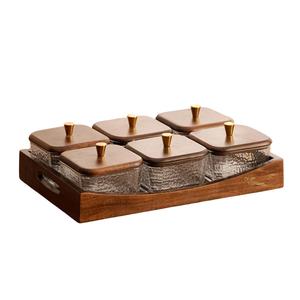 6-Grid Hammered Borosilicate Glass <b>Jar</b> Set with Solid Acacia Wood Base | Brass Knob Lid Nut Candy Food Storage Container - Product Image 1