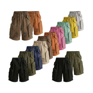 Shorts cargo vintage de qualité supérieure, taille élastique, cordon de serrage, multi-poches, fermeture éclair, séchage rapide, respirant, confortable, en coton - Product Image 1