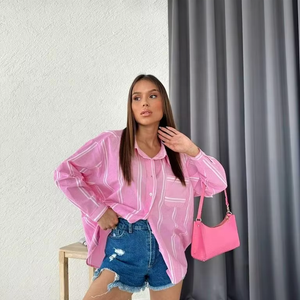 Camisas Casuales de Mujer 100% Algodón, Primavera-Verano 2026, Blusas con Cuello en V, Estampado a Cuadros, Manga Larga y Ancha, Color Rosa, con Botones, Transpirables - Product Image 1