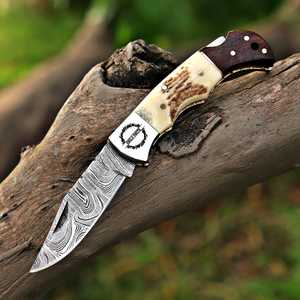 Couteau pliant artisanal en acier Damas, à verrouillage, EDC, pour poche, fournisseur OEM ODM, manche personnalisé, vente en gros, exportateur, corne de cerf, pointe clip point - Product Image 3