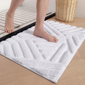 Tapis de bain rectangulaire en coton géométrique moderne 80x50cm, antidérapant avec dos en caoutchouc, épais et touffeté, blanc, pour salle de bain, lavabo et douche - Product Image 3