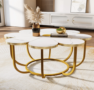 Table basse en forme de fleur avec plateau en marbre blanc multi-pétales, bordé de laiton et sur une base en métal doré courbé, en gros - Product Image 1