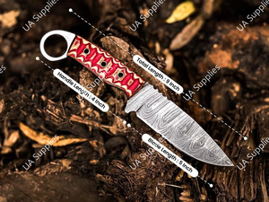 มีดเหล็กดามัสกัสเกรดอุตสาหกรรม ด้ามจับแบบเต็มด้าม ปลายมีดแบบดรอปพอยต์ ผลิตด้วยมือ สำหรับกิจกรรมกลางแจ้ง แคมป์ปิ้ง ยุทธวิธี เอาตัวรอด มีรูสำหรับนิ้ว OEM/ODM - Product Image 3