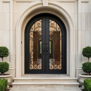 Portes d'entrée extérieures en fer forgé cintrées, résistantes à l'eau, avec verre décoratif, style traditionnel personnalisé - Product Image 3