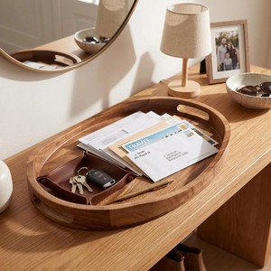 Plateau décoratif ovale en bois de haute qualité avec poignée, design minimaliste pour l'organisation de la maison et du bureau - Product Image 1