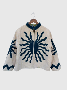 Veste géométrique brodée à la main, col mandarin, manches longues, coton, style boxy pour femme, printemps - Product Image 1
