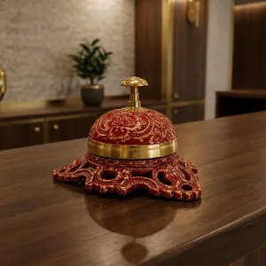 Cloche de service en laiton, cloche de réception décorative avec motif floral en émail rouge, cloche de table de style antique pour hôtel, bureau - Product Image 6