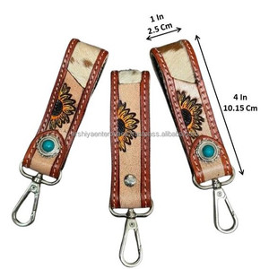 Porte-clés mousqueton en cuir repoussé à la main avec motif tournesol en cuir de vachette et pierre turquoise Sangle de clé en cuir véritable Petits porte-clés - Product Image 2