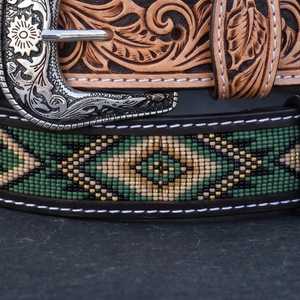 Ceinture en cuir brodée style western avec motif géométrique perlé, boucle en alliage argenté, style décontracté, durable, fabriquée à la main, pour usage quotidien - Product Image 3
