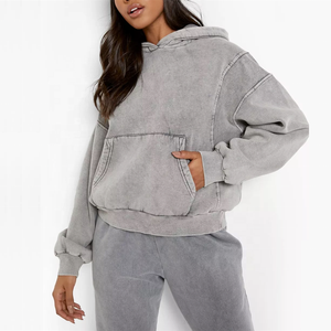 Sweat-shirt à capuche oversize pour femme, couleur unie, tricoté en mélange de coton, manches longues avec poches, style automne - Product Image 3
