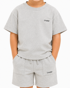 Ensemble coordonné gris pour enfants Livster, tenue d'été en coton doux, ensemble décontracté pour garçons, t-shirt et short assortis, mode enfant de qualité supérieure - Product Image 4