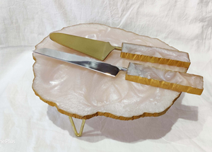 Handmade Eco-Friendly 3-Piece Pink Resin <b>Cake</b> Stand Metal Legs Elegant Serving Platter Set Includes Free <b>Cake</b> <b>Server</b> Knife for - Product Image 2