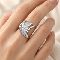 Wide 925 Sterling Silver Zircon Ring with a Clear Pave Center and Sweeping Openwork Side Arms