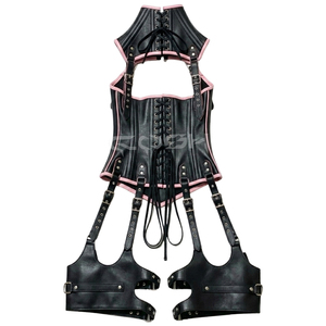 High Quality Gothic And Cosplay Wear New Design Harness Corset In <b>Black</b> Leather With Pink Leather Trim - Product Image 4