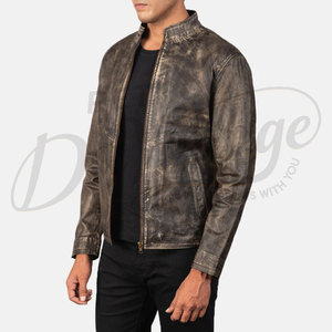 Veste en cuir véritable marron vieilli vintage pour homme, col montant classique, coupe ajustée, style streetwear décontracté - Product Image 1