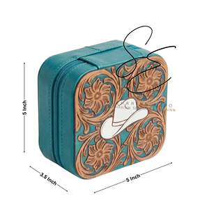 SEHRAINN Turquoise <b>Floral</b> Carved Leather Jewelry <b>Box</b> Velvet Cowboy Hat Design Vintage Portable Vanity Organizer With Mirror - Product Image 3