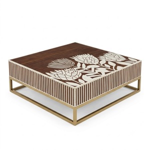 Table basse classique en os incrusté, noire et blanche, géométrique, style cascade, table centrale artisanale en os de chameau, mobilier d'appoint en promotion - Product Image 2