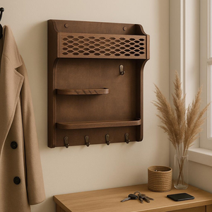 Organisateur mural en bois pour entrée avec étagères et crochets, porte-manteau rustique, porte-clés et organisateur de courrier - Product Image 1