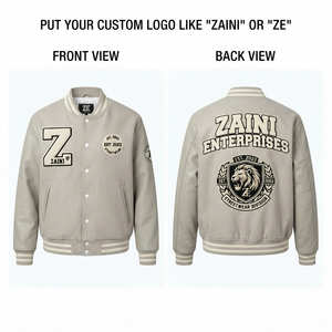 ZAINI ZE-143 <b>Mens</b> Varsity <b>Jacket</b> 420 GSM Wool Blend Body Faux Leather Sleeves <b>White</b> Black Custom Chenille Embroidery Windproof - Product Image 1