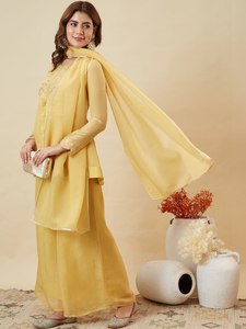 KURTI WITH PLAZZO DUPATTA Product Details <b>Kurta</b> Fabric Crunchy <b>Silk</b> TOP LEBGTH 32 Plazzo Fabric - Product Image 3