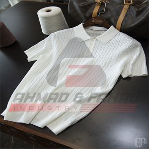 Polo en maille torsadée pour homme, mélange lyocell et lin, motif pointelle rayé, coupe ajustée asiatique, hauts décontractés d'été – Vente en gros - Product Image 3