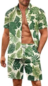 Ensemble de vêtements décontractés pour couples, sur mesure, fabriqués en usine OEM, pour les vacances d'été, imprimé feuilles de palmier vertes, chemise hawaïenne à boutons pour homme, ensemble pour femme - Product Image 4