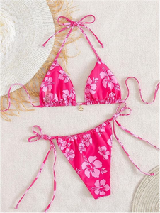 Women's Pink Floral Bikini Set <b>Crossed</b> Halter <b>Top</b> Tie Side Bottom Spandex Polyester Swimwear Two Piece Stretch Fit - Product Image 5