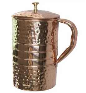Angular Handle Hammered Copper Water Pitcher With Lid Ayurvedic <b>Jug</b> Kitchen Drinkware Serving Vessel - Product Image 6