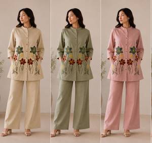 Ensemble haut peplum et pantalon large en coton brodé ethnique pour femme, coupe décontractée, longueur midi, toutes saisons, style Inde Pakistan - Product Image 3