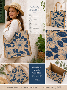 Two Color Large Floral Printed <b>Jute</b> Tote <b>Bag</b> with Rope Handle Open Closure Eco Friendly Reusable <b>Shopping</b> Laminated Heavy Duty - Product Image 5