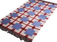 Tapis en laine et jute tissé à la main beige, bleu et rouge à bas prix |   Tapis moderne à poils plats, motif à carreaux texturé, tapis kilim lavable