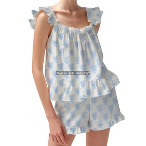 Femmes imprimé fleuri bloc coton main nuit costume Shorts pyjama ensemble printemps/été ajusté bretelles volants garniture manches PJ ensemble - Product Image 3