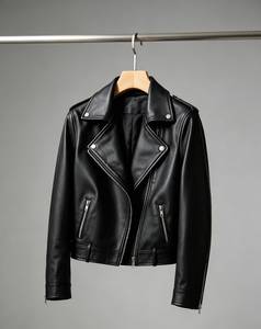 Women's Genuine Leather Moto Jacket Black <b>Zipper</b> Closure Spread Collar Full Sleeve Autumn Style - Product Image 1