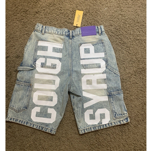 Shorts en jean tricoté de haute qualité, coupe droite, style streetwear, été, hip-hop, oversize, vintage, avec lettres brodées effet vieilli foncé - Product Image 2