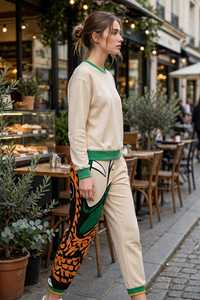 Ensemble sweat-shirt et pantalon pour homme, beige, col rond, avec bordure verte, motif uni, polyester/coton respirant et écologique - Product Image 4