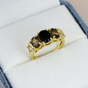 Prong Setting Iolite Gemstone <b>Cluster</b> Engagement Ring Gold Plated 925 Sterling Silver Women Ring Smoky Quartz & <b>Crystal</b> Accent - Product Image 2