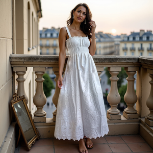 Maxi vestido cruzado con espalda abierta blanca de algodón bordado para mujer con correas elásticas y diseño elegante - Product Image 1