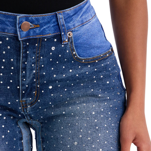 Womens Breathable Patchwork Denim Jeans Rhinestone <b>Studded</b> Straight Leg Mid Waist Casual Light Fashion Trendy Streetwear Modern - Product Image 3