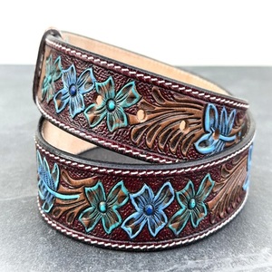Floral Embossed Men's Fashion Western <b>Leather</b> <b>Tooling</b> Belt With Pin Buckle Ethnic Style Hand Painted Design Durable Western Belt - Product Image 2