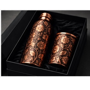 Embossed Rose Copper Flower Engraved Leak Proof BPA Free Modern Portable <b>Thermos</b> Flask Water <b>Bottle</b> with Lid Cup Set Gift Box - Product Image 1