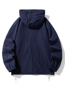 Men's Navy Hooded Windproof Waterproof Vintage Striped Jacket Casual Loose Fit Zipper Closure Canvas Material Winter Wear - Product Image 2