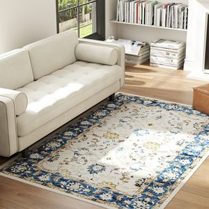 Tappeto a Pelo Lungo Lavabile in Lavatrice 4x6, Stile Boho Floreale Antiscivolo per Soggiorno/Camera da Letto/Sala da Pranzo (Blu) - Product Image 2